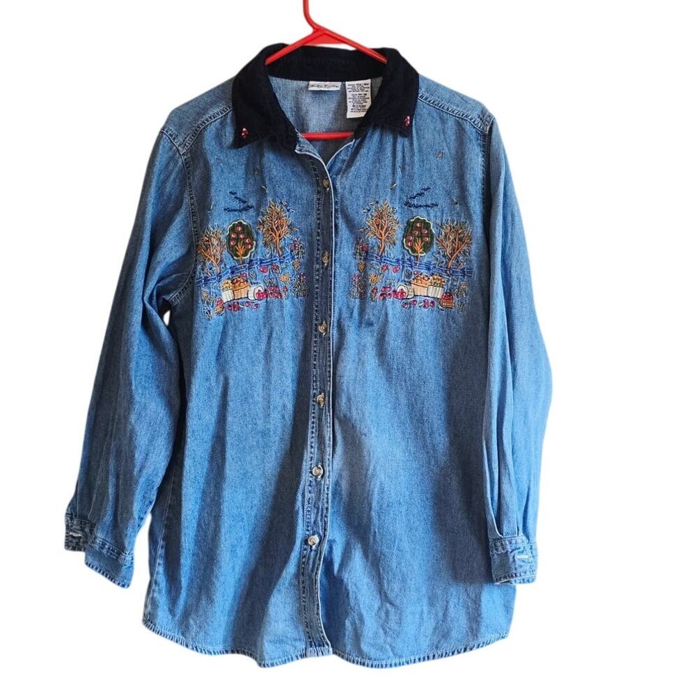 Bobbie Brook vintage apple fall denim corduroy collar button down shirt size 14w
